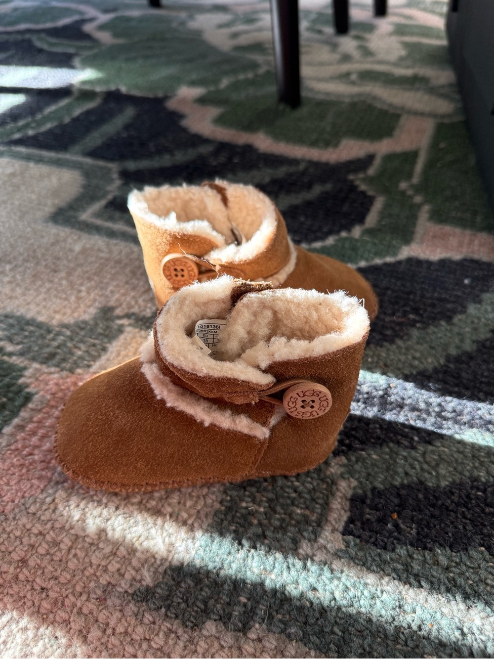 UGG Chestnut Suede Baby Booties with Shearling Trim